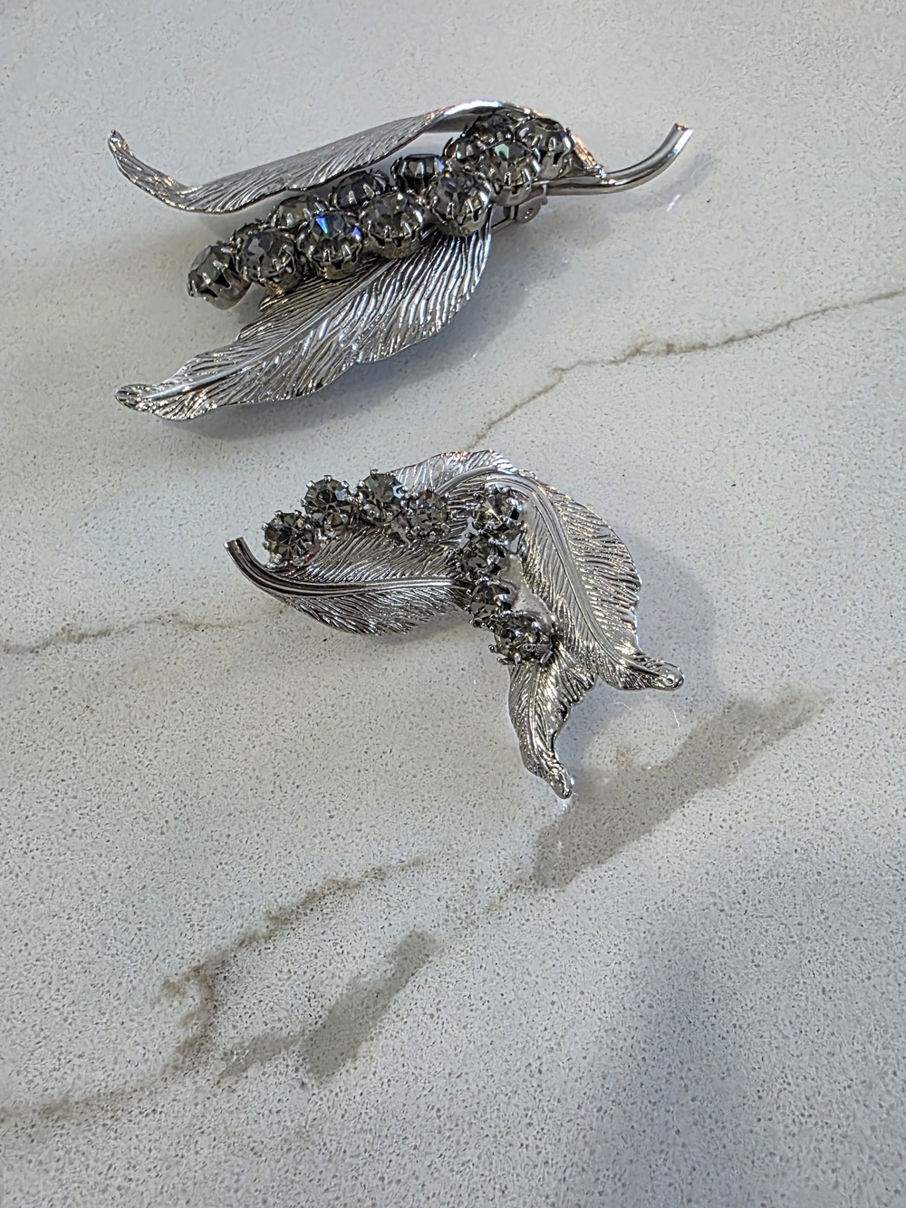 Silver Leaf Crystal Brooch/Earring Set - Elegant Women's Jewelry